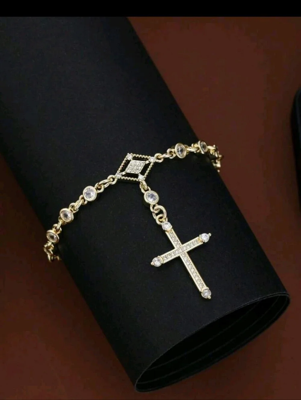 Gold Cross Charm Bracelet with Clear Stones